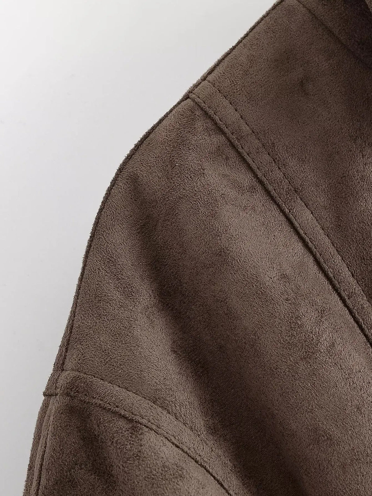 Women Brown Faux Leather Jackets Chic Casual Long Sleeve Lapel Loose Zipper Drawstring Coats Autumn Winter Streetwears Coats Padilla Innovations LLC