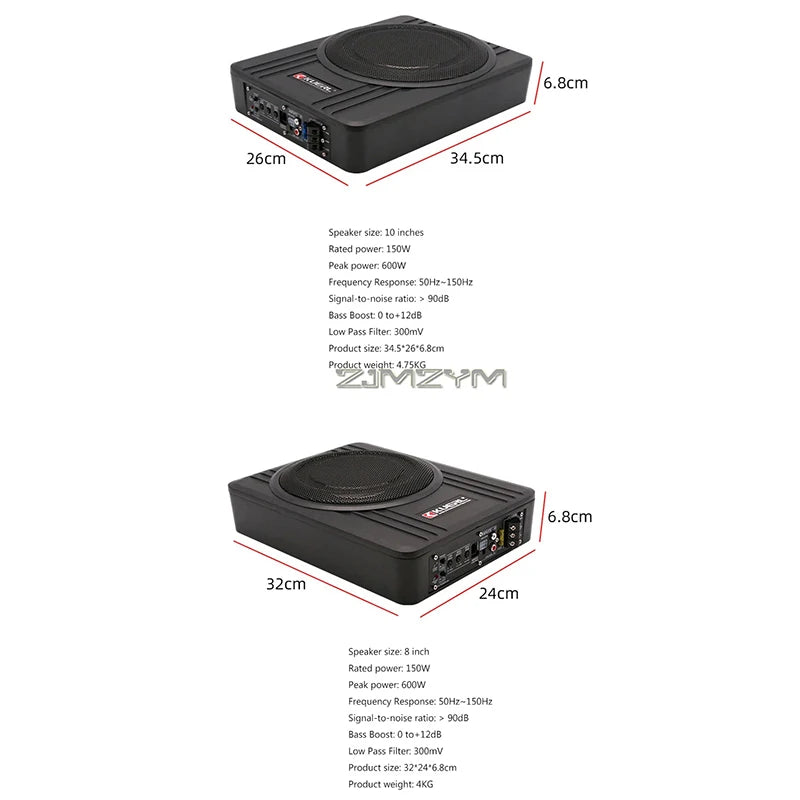 12V High Power Active Subwoofer with Built-in Amplifier, 10"  8'' Slim Under-Seat Active Powered Car Truck Subwoofer