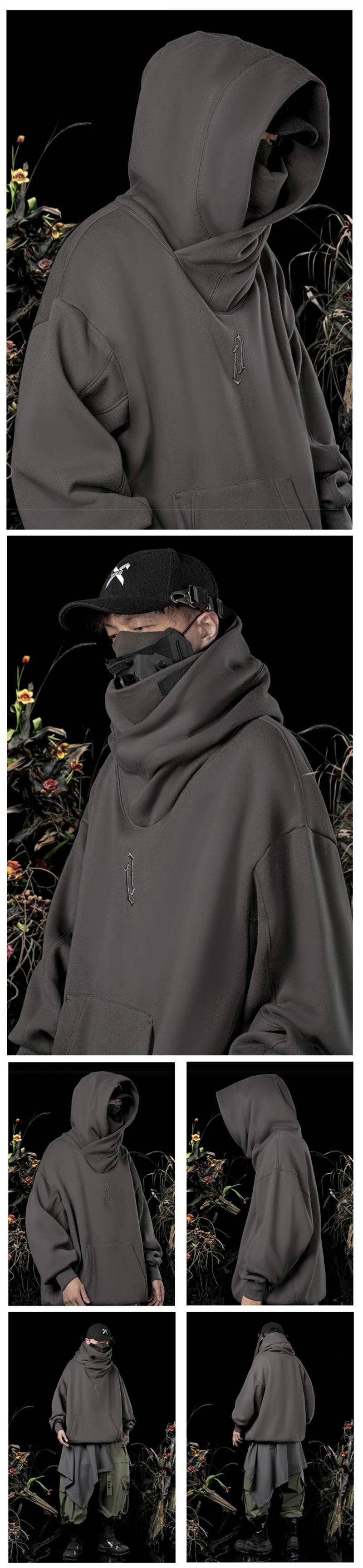 Winter Embroidery Turtleneck Men's Hooded Sweatshirt Japanese Ninja Oversized Hoodies Hip Hop Fleece Pocket Streetwear Y2K Hoody Padilla Innovations LLC