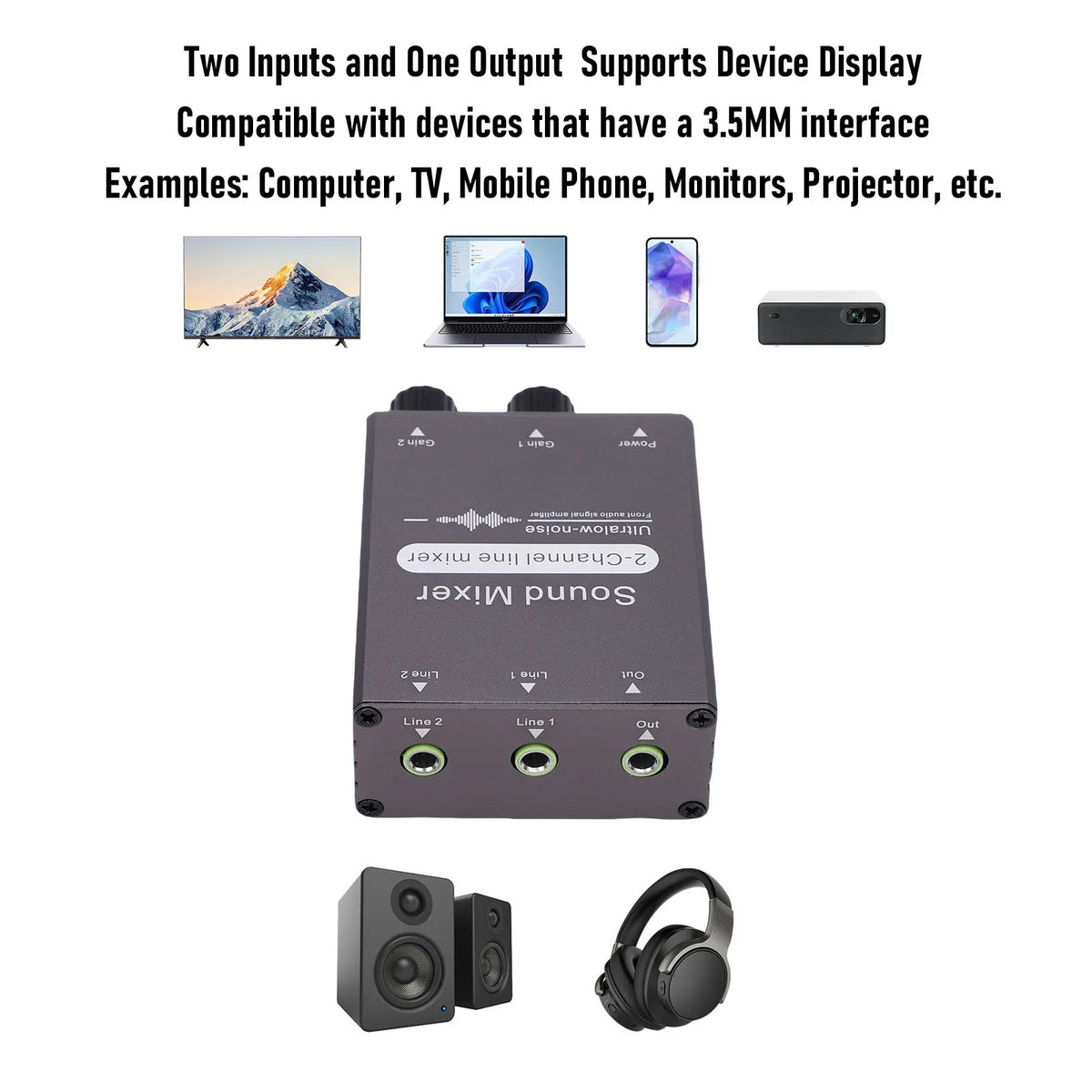 Mezclador de audio de 2 canales de 3.5 mm con control de volumen doble