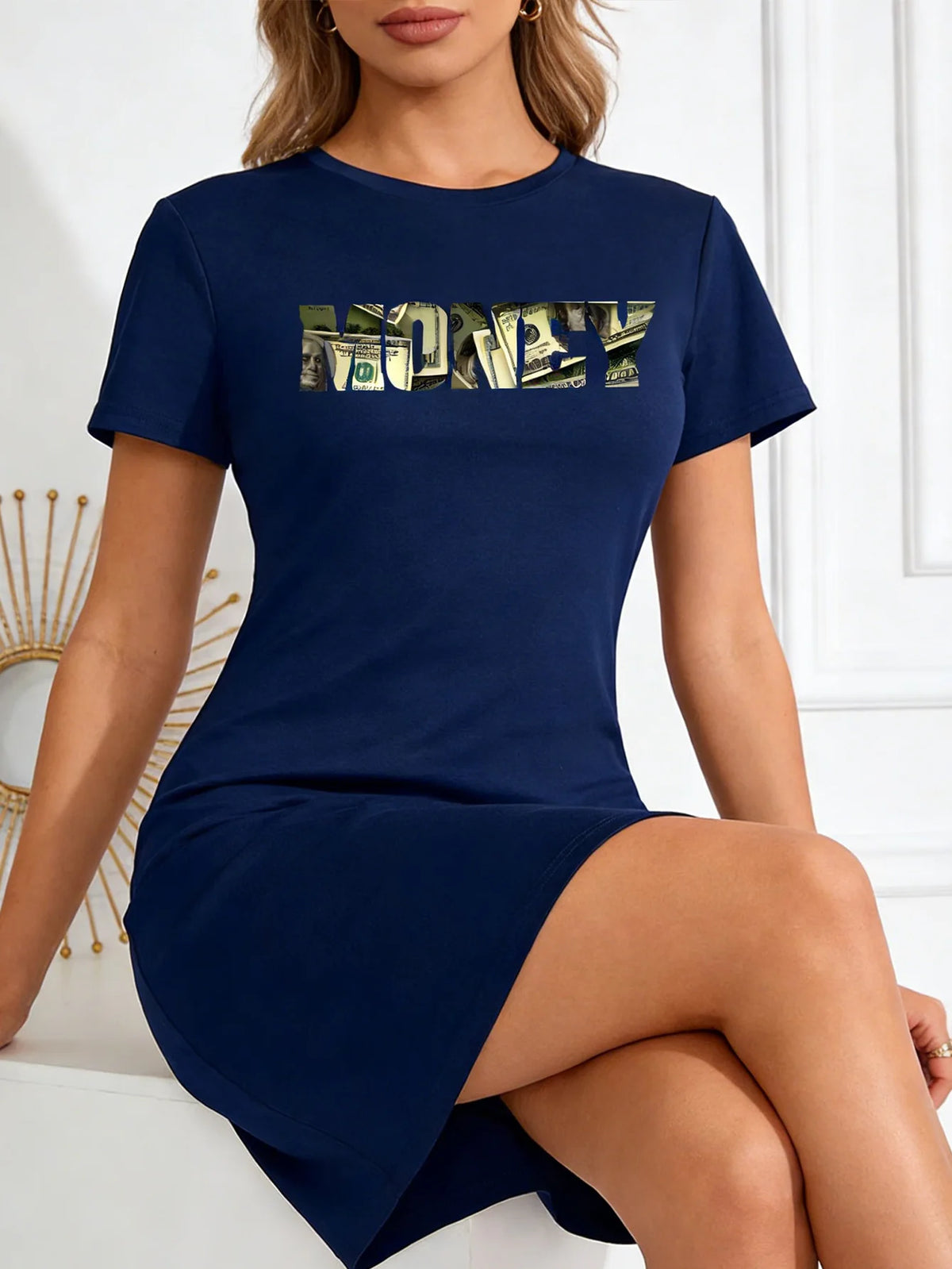 Women's casual dress with soft and breathable banknote print, elegant women's round-neck dress, suitable for home wear