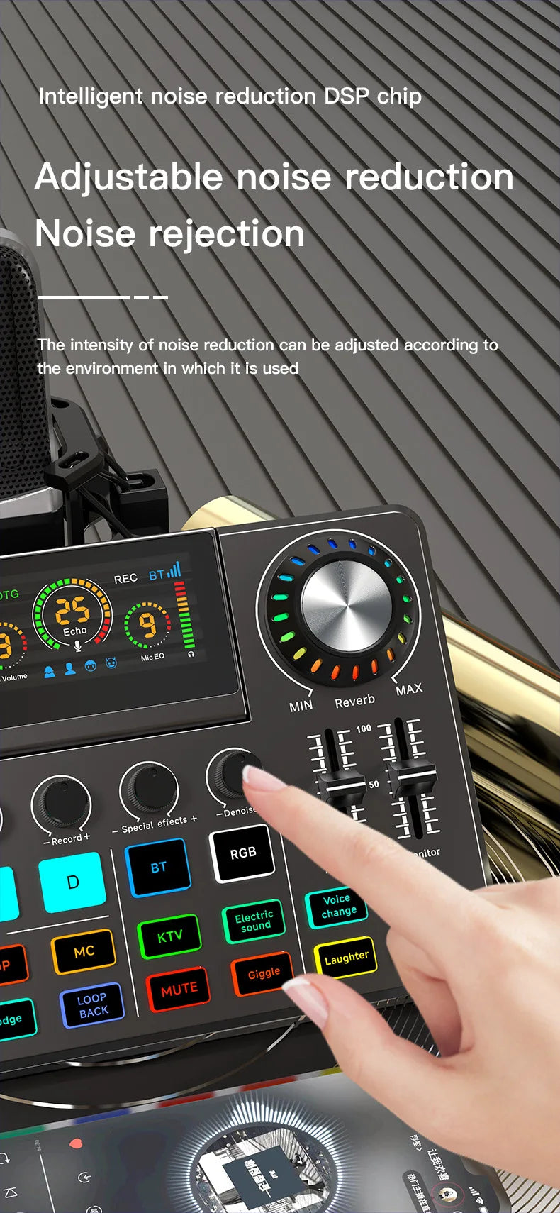 Tarjeta de sonido RGB en vivo y mezclador de audio para DJ con cambiador de voz