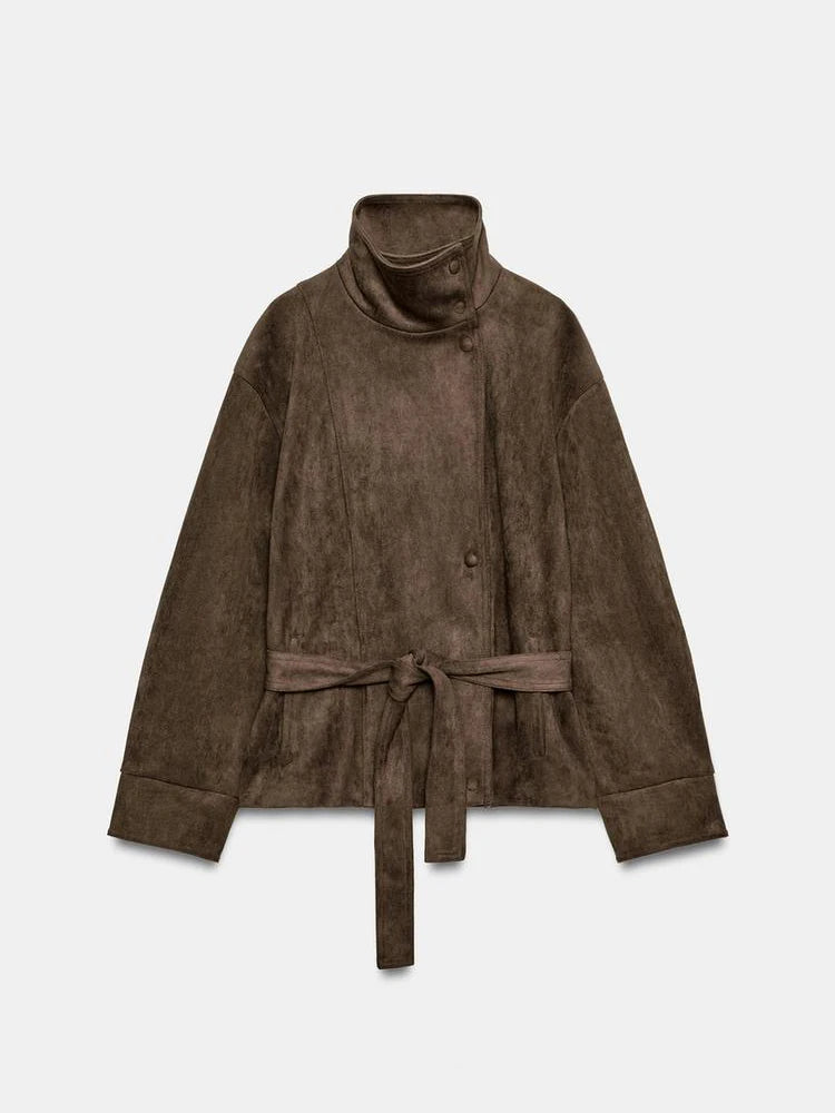 Women Brown Faux Leather Jackets Chic Casual Long Sleeve Lapel Loose Zipper Drawstring Coats Autumn Winter Streetwears Coats Padilla Innovations LLC