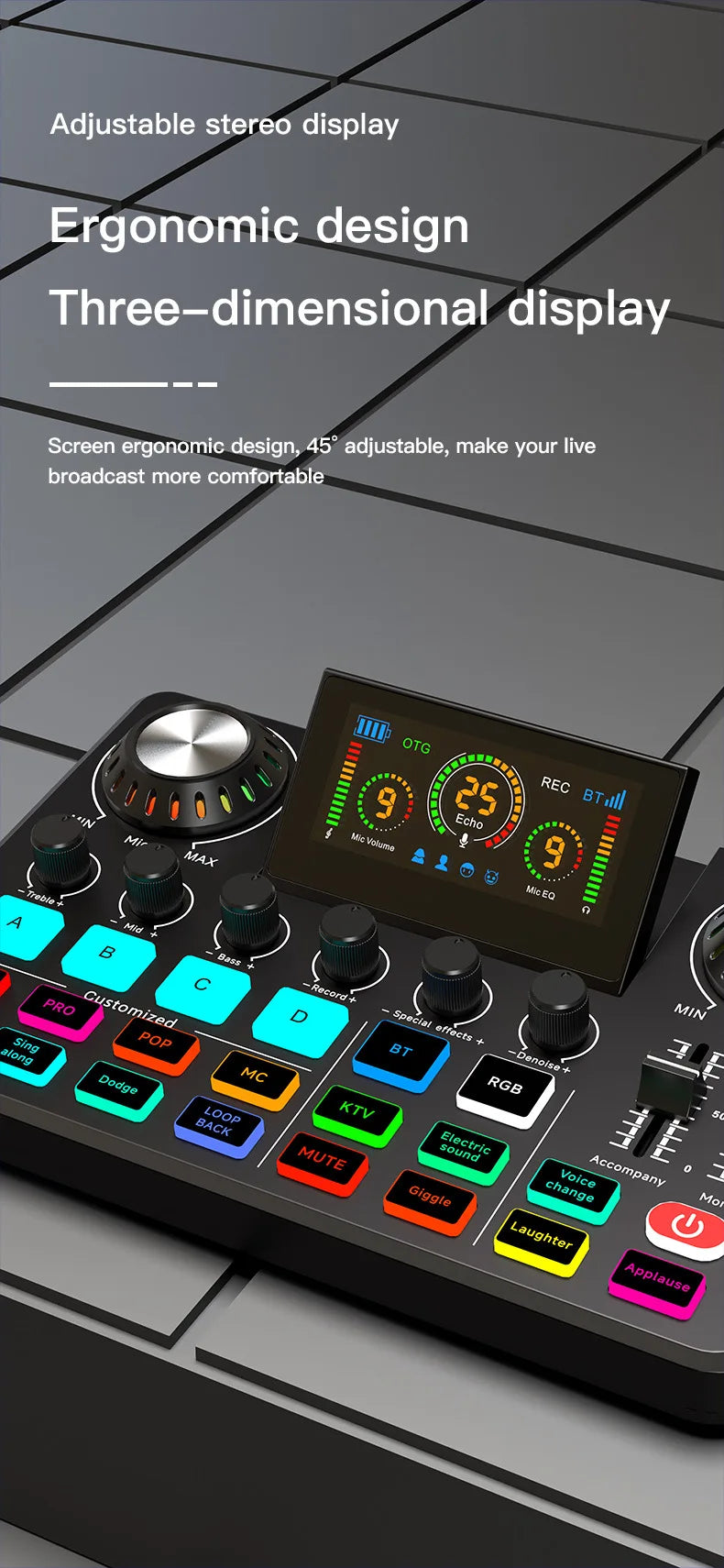 Tarjeta de sonido RGB en vivo y mezclador de audio para DJ con cambiador de voz