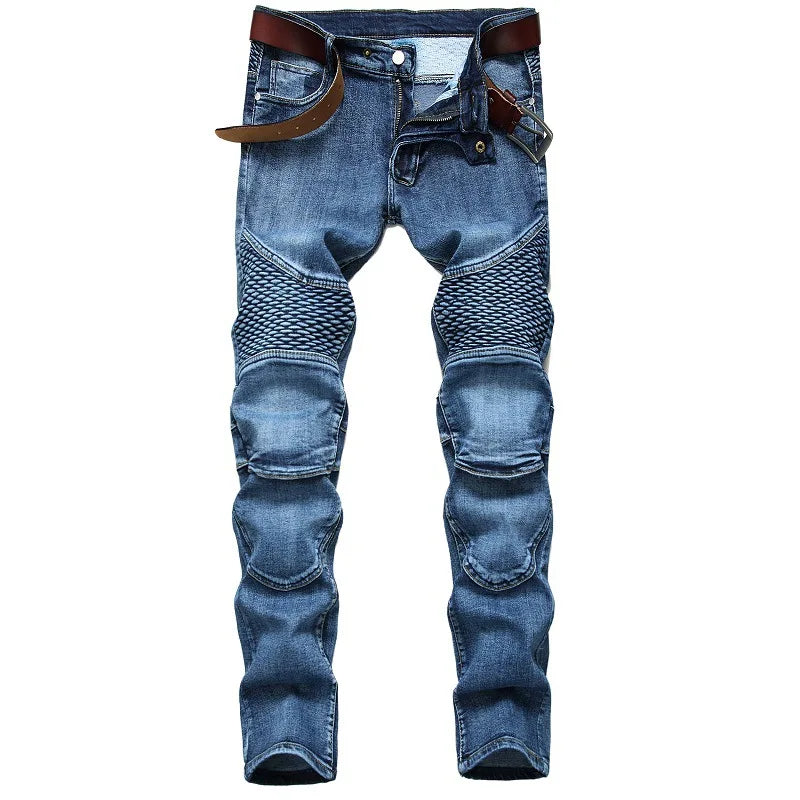 Vaqueros de motociclista ajustados con diseño de retazos para hombre