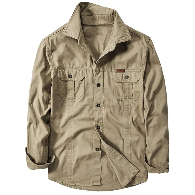 Men’s Cotton-Blend Long-Sleeve Cargo Shirt – Extended Sizes