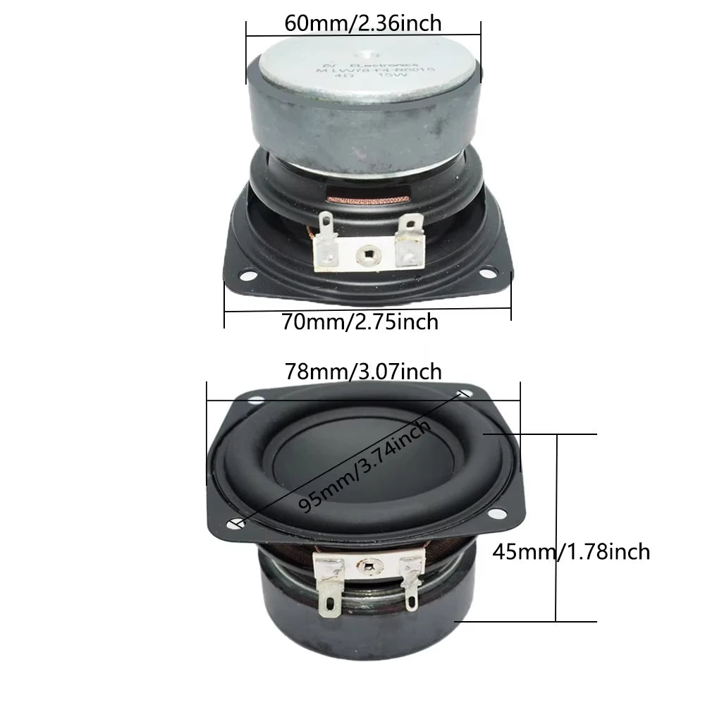 AUIN 1 pcs 3 Inch 78MM Subwoofer Speaker 4 Ohm 15W Supper Bass Audio Square Woofer DIY Home Theater Sound Bookshelf Loudspeaker