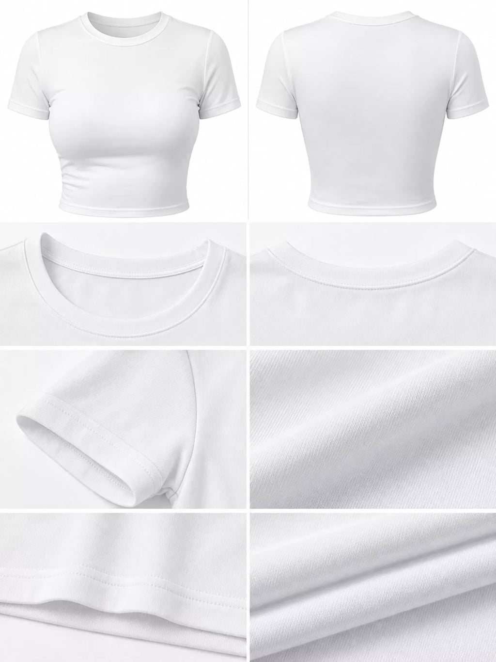 Slim fit basic white crew neck short sleeve crop T-shirt from Trendsi, showcasing a close-up of the fitted design and soft fabric.