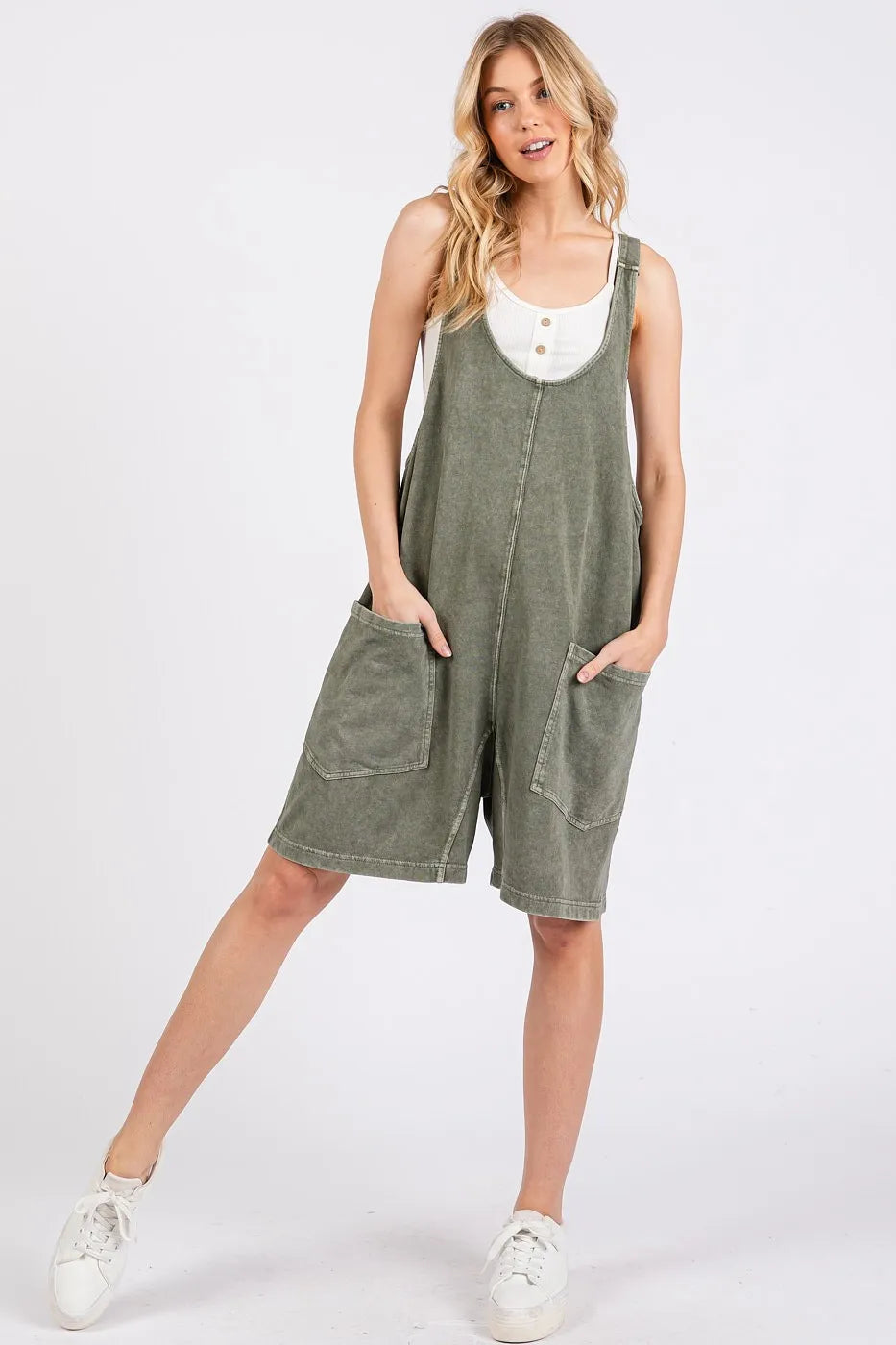 Trendsi Mittoshop low scoop neck tank romper in washed French terry fabric, featuring a relaxed fit and casual style.
