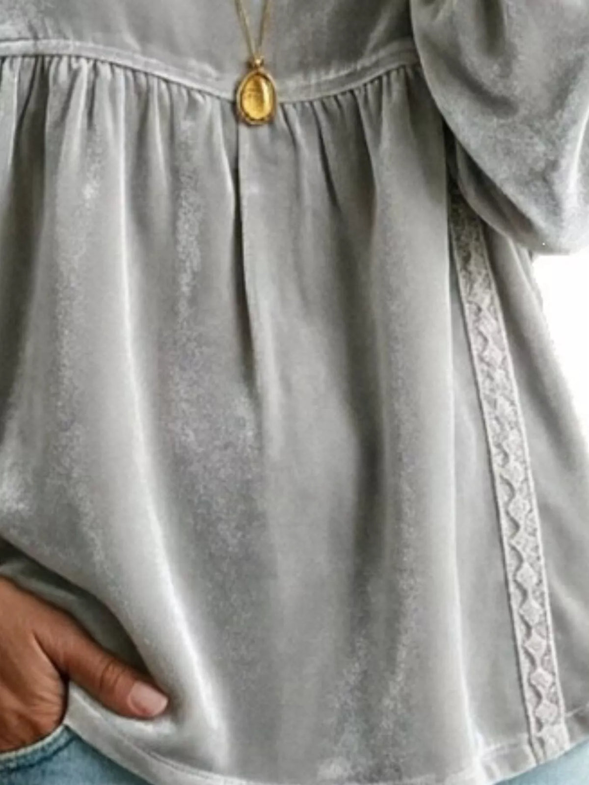 Plus size velvet V-neck long sleeve blouse with lace trim, stylish and comfortable Trendsi fashion top.