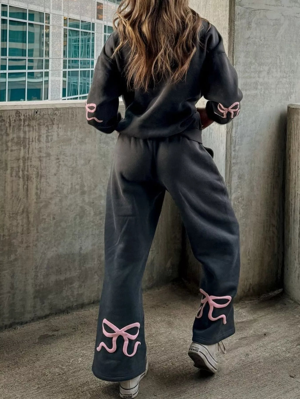 Bow and heart drop shoulder hoodie and pants set, view 14