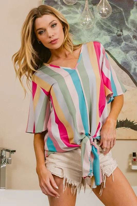 BiBi Multi Stripe Woven V Neck Top with Long Front Tie by Trendsi, featuring colorful stripes and a stylish V-neck design.