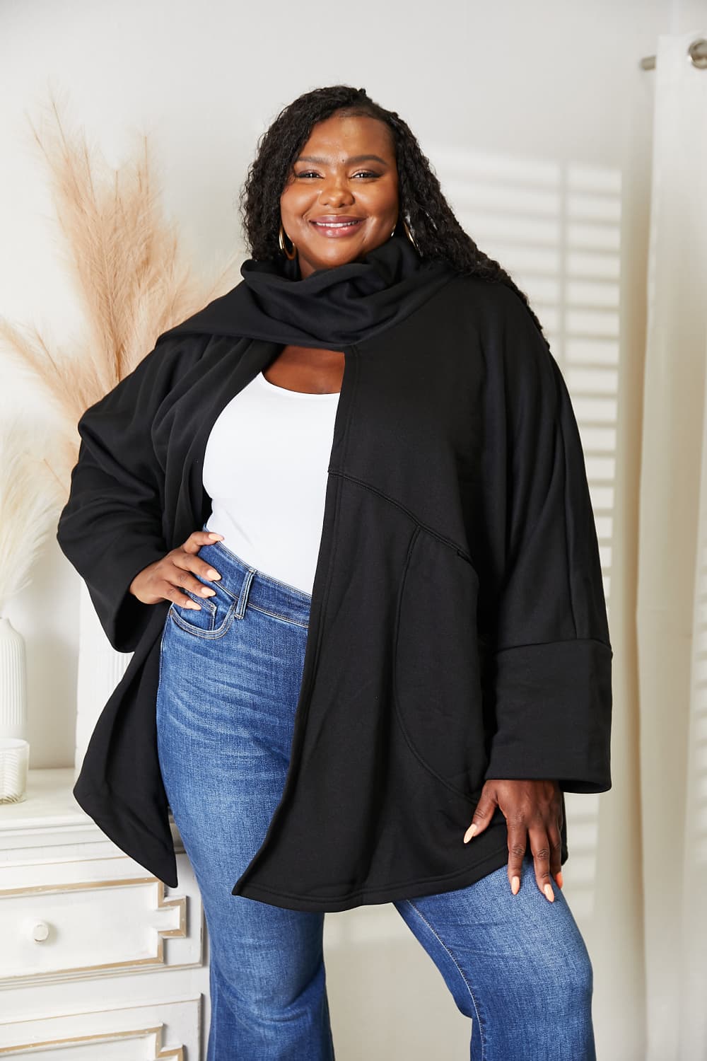 Trendsi HEYSON full size open front cardigan with scarf design, soft knit fabric and stylish drape, displayed on a hanger.