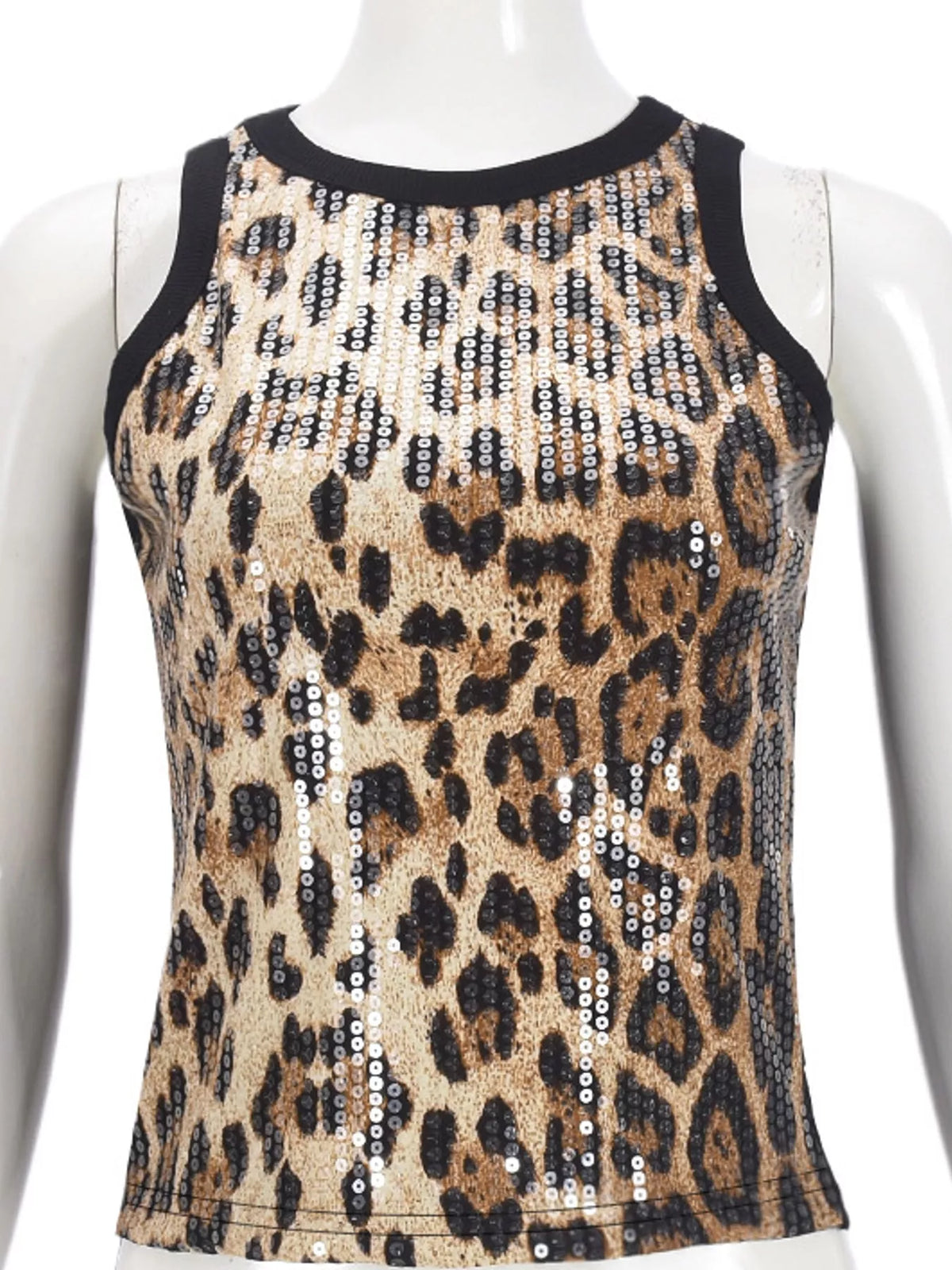 Sequin round neck tank top by Trendsi featuring shiny sequins and a classic round neckline, displayed on a neutral background.