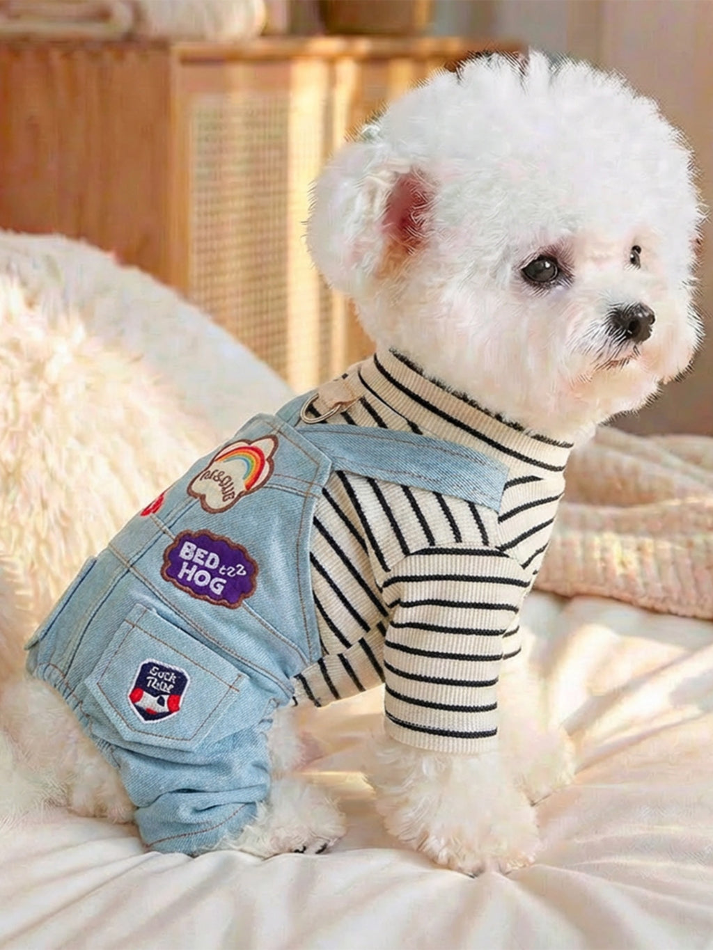 Trendsi denim patchwork pet jumpsuit with adjustable straps and patchwork design, styled on a small dog.