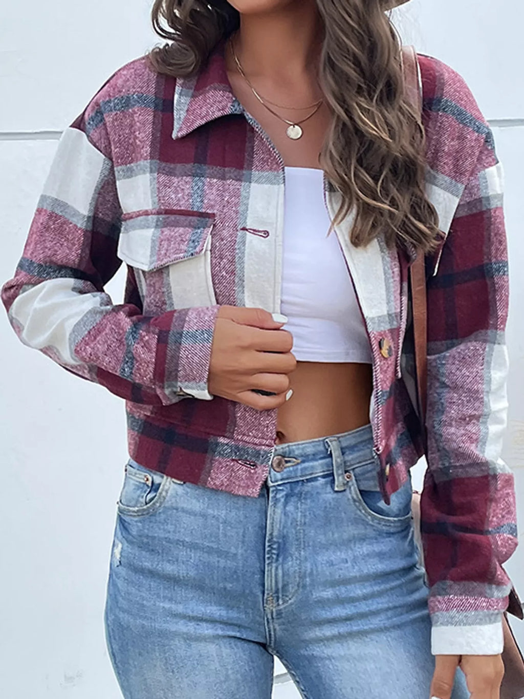 Plaid button-up cropped jacket, view 26