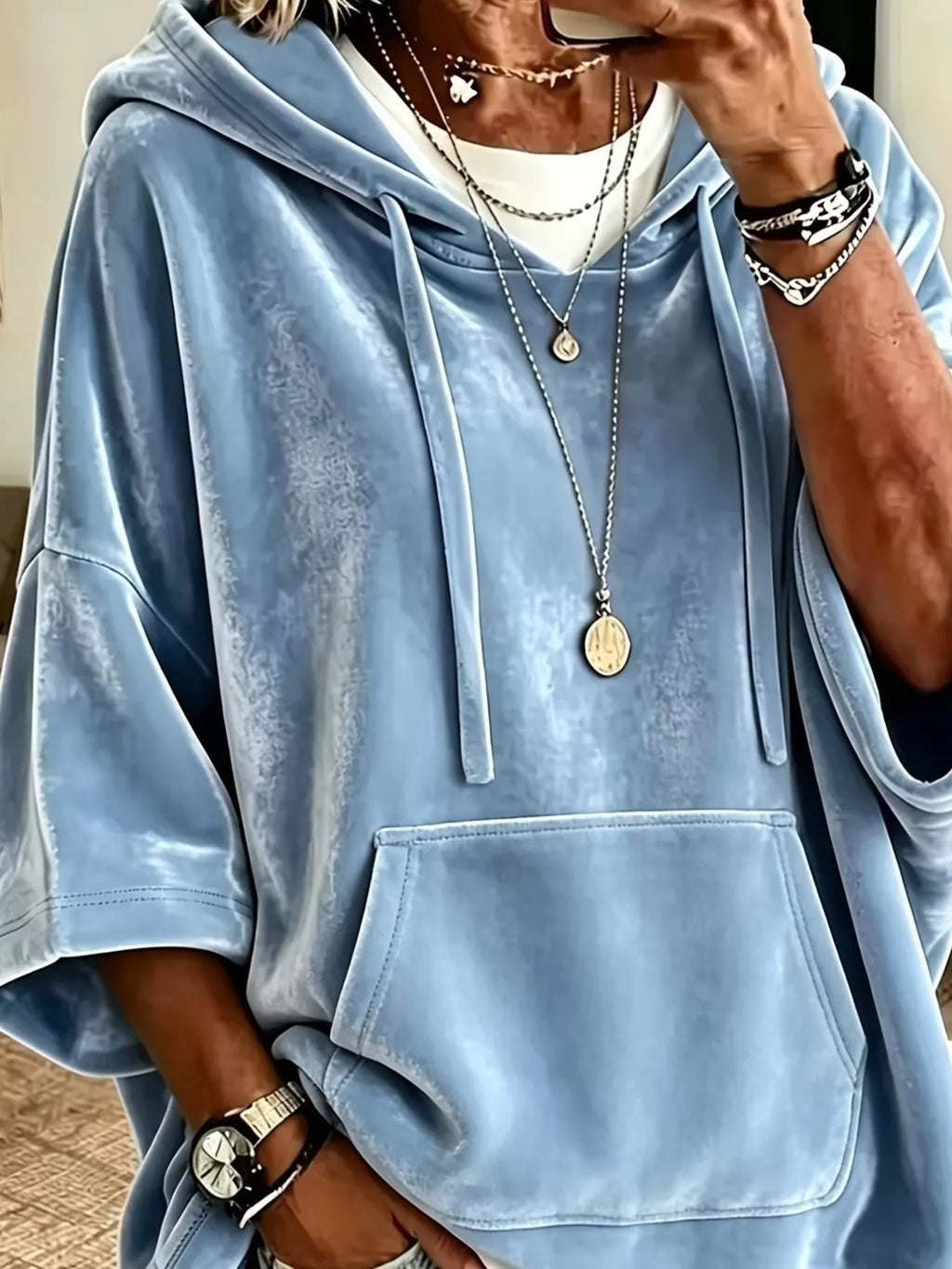 Plus size velvet 3/4 sleeve hoodie with kangaroo pocket, view 5