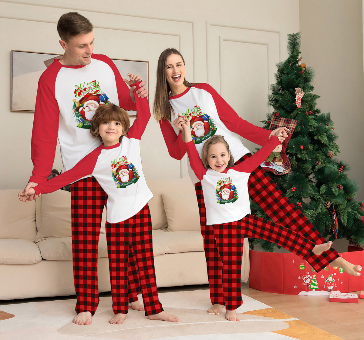 Red family Christmas pajamas with long sleeve top and plaid pants