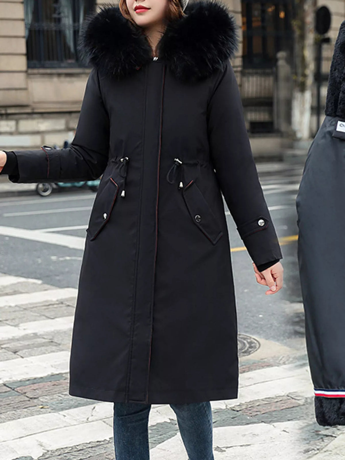 Longline hooded parka with faux fur trim and drawstring waist, view 13