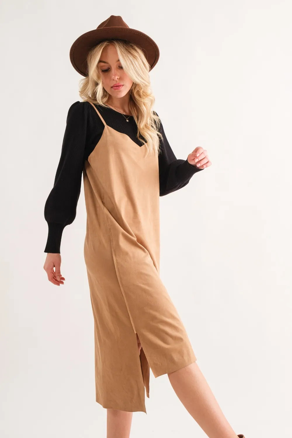 Trendsi And The Why faux suede midi dress with slit and cut edge cami style, featuring a sleek, fitted silhouette.