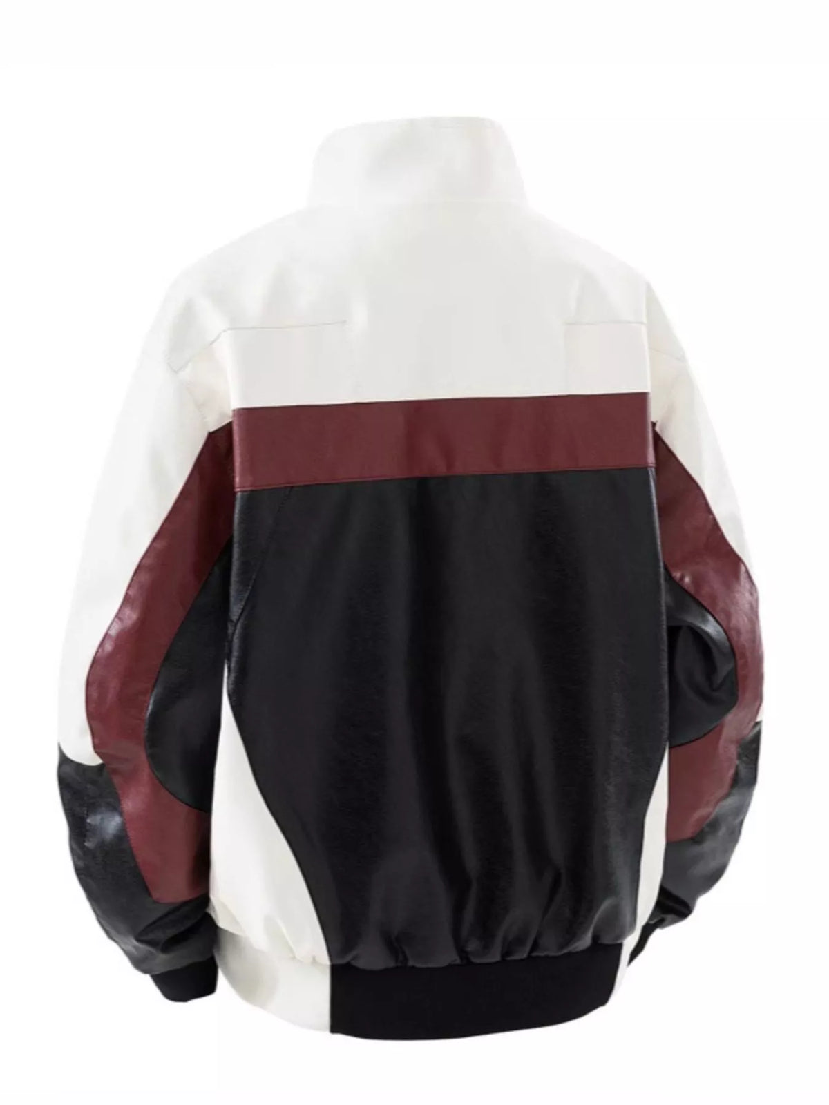 Men's black color block faux leather bomber jacket, view 2