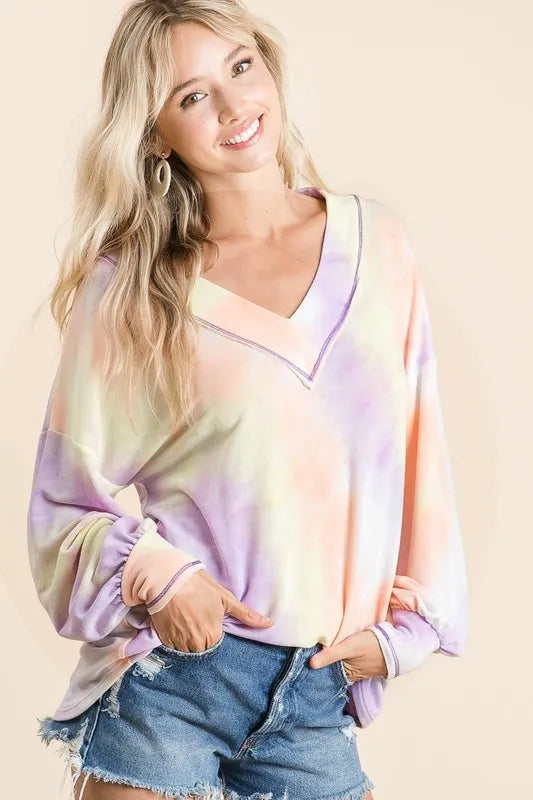 BiBi Tie Dye French Terry V-Neck Top with puff sleeves, casual women's fashion top in vibrant tie dye fabric, Trendsi brand
