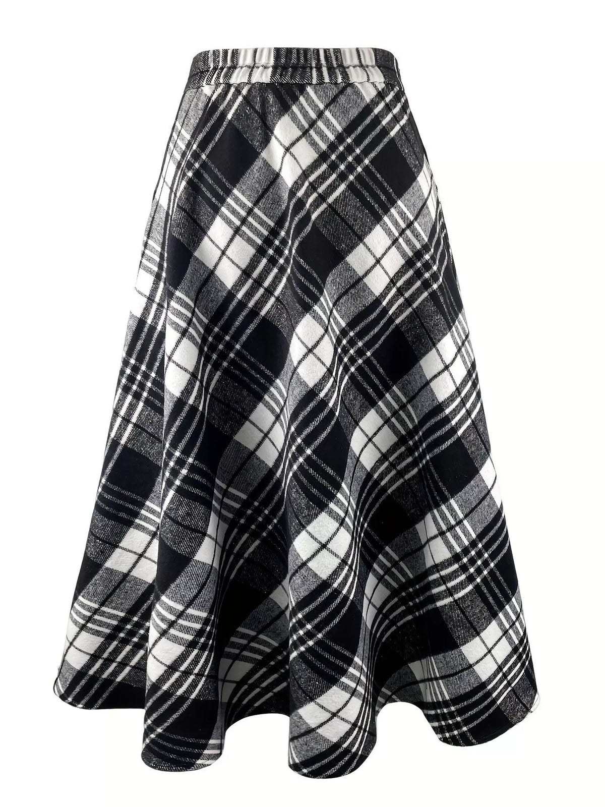 Plaid A-line midi skirt with pockets from Trendsi, featuring a stylish plaid pattern and a comfortable, flattering fit.