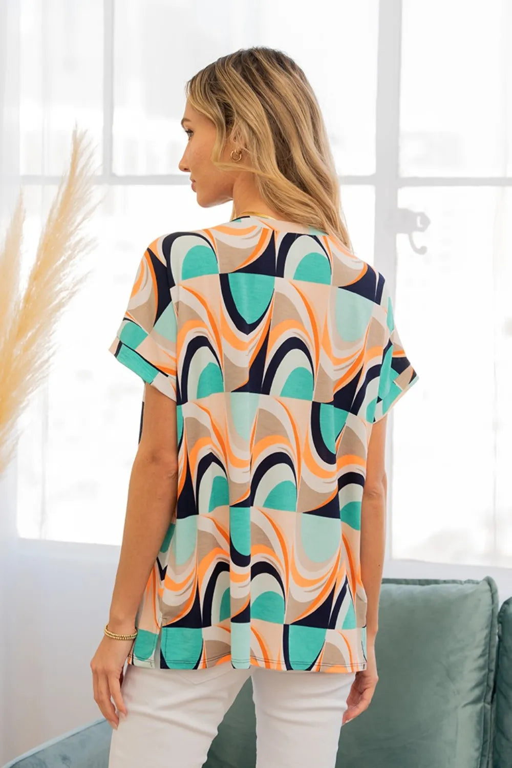 Trendsi Sew In Love wrinkle-free geometric short sleeve shirt with bold pattern, fitted collar, and stylish design.