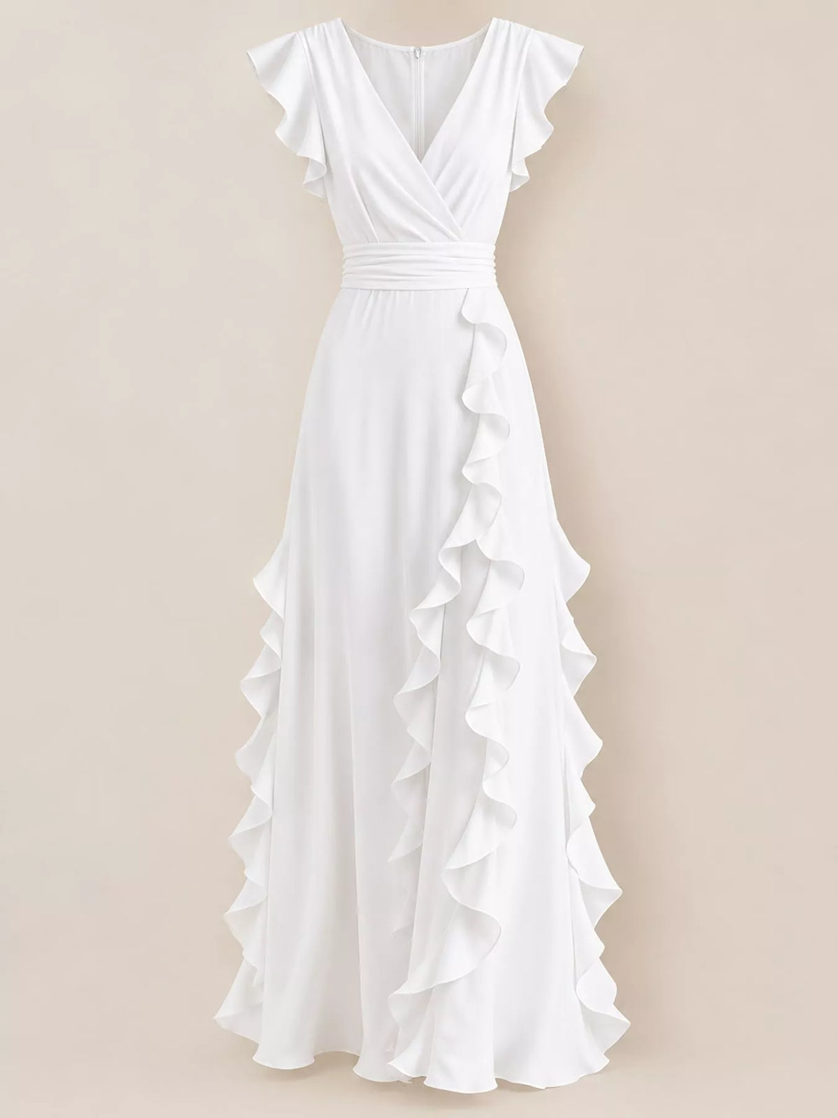 Sleeveless maxi dress with ruffled surplice neckline in flowing fabric, stylish design by Trendsi.