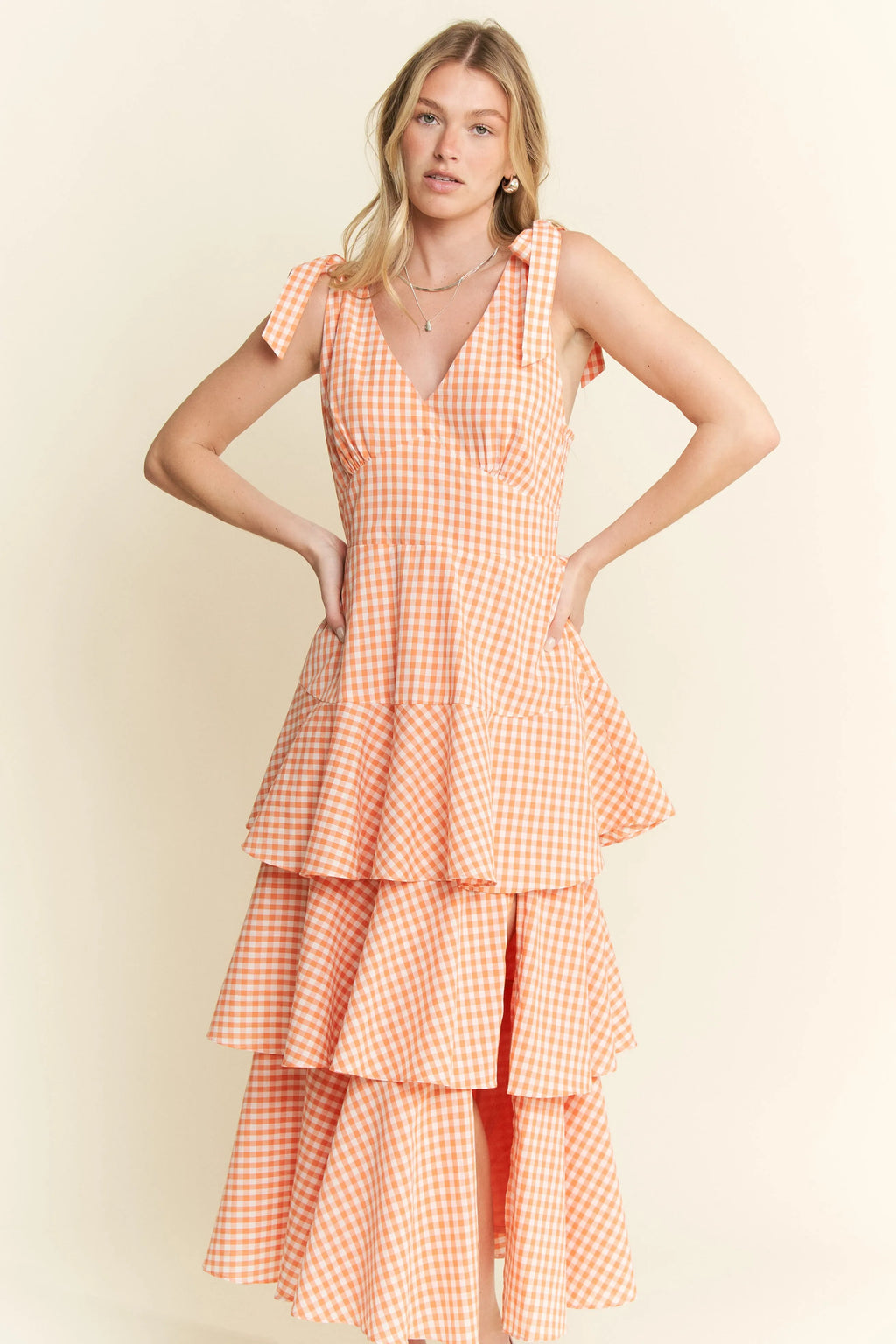 Jade By Jane sleeveless gingham print tiered midi dress with a flowing silhouette and feminine style.