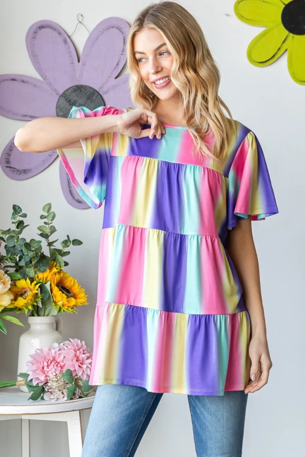 Heimish full size short sleeve striped tiered top with a relaxed fit, featuring horizontal blue and white stripes, casual and stylish.