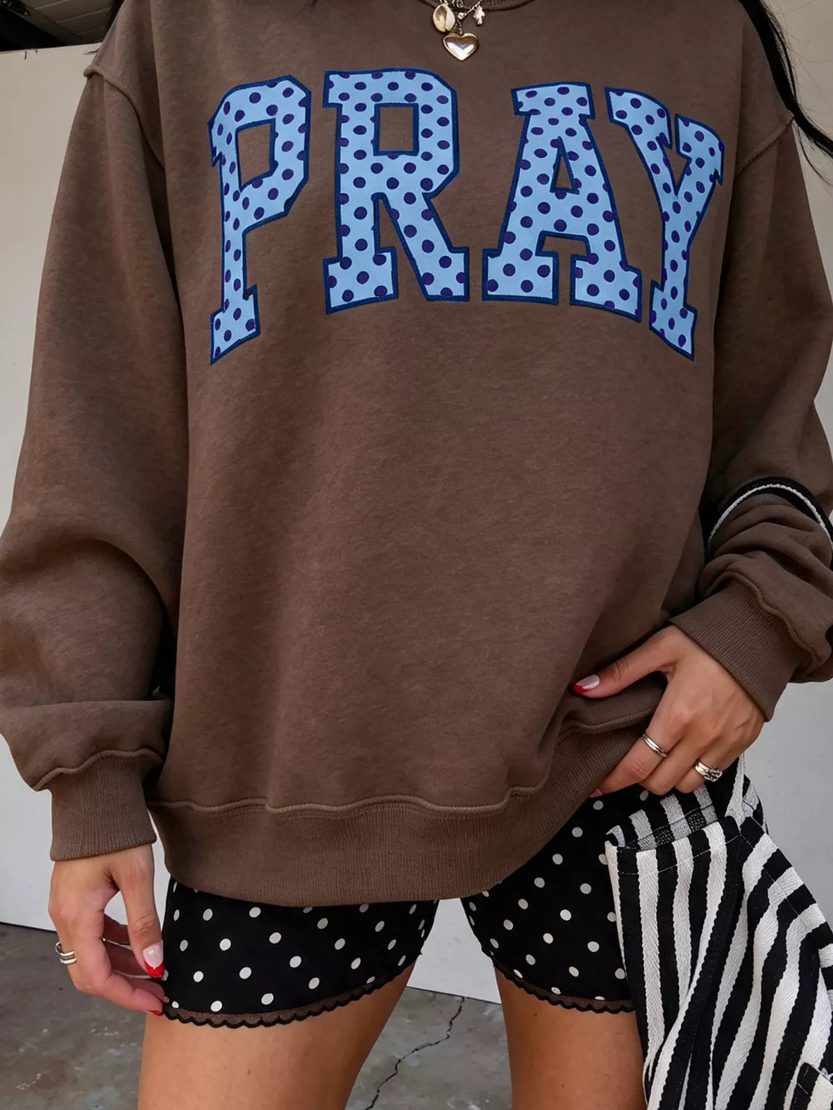 Dark brown PRAY polka dot embroidered mock neck sweatshirt, view 3