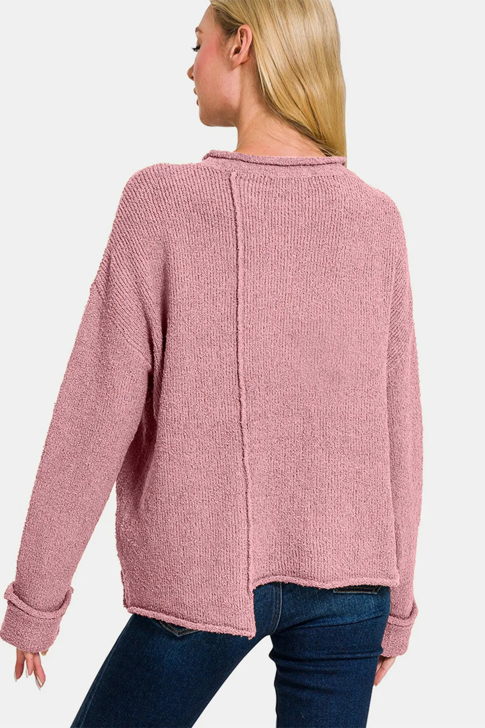 Trendsi Zenana asymmetric hem drop shoulder sweater in soft knit fabric, showcasing a stylish high-low hem and relaxed fit.
