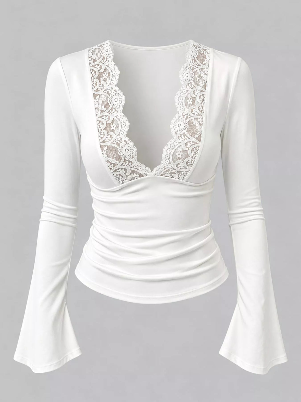 Light blue lace trim V-neck long sleeve slim fit T-shirt by Trendsi, showing close-up of lace detailing and fitted silhouette.