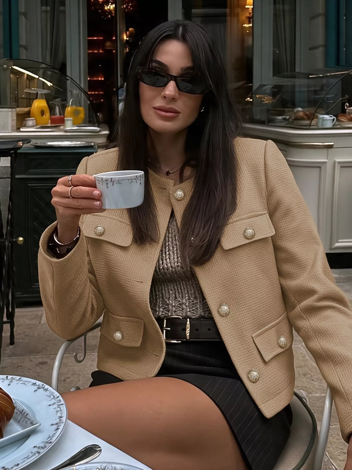 Khaki textured cropped jacket with gold-tone button, view 2
