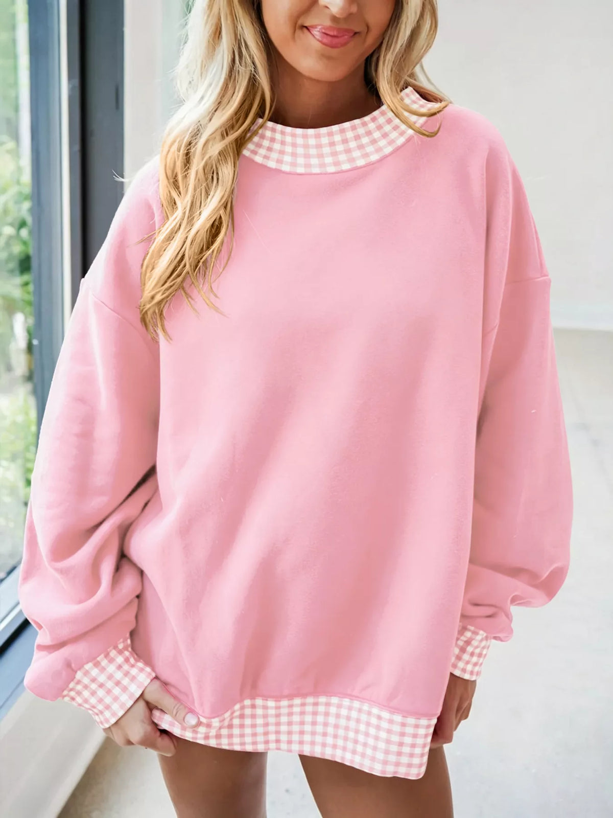 Gingham trim dropped shoulder sweatshirt, view 10