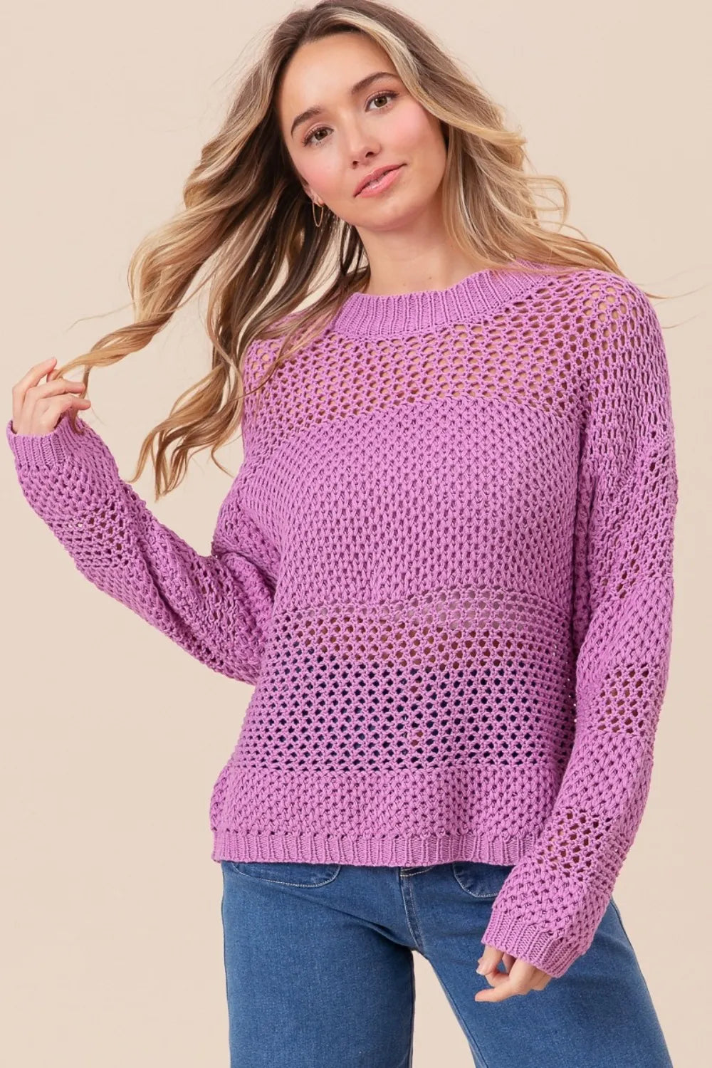 Trendsi BiBi openwork long sleeve knit top featuring a lightweight, textured design with intricate openwork details.