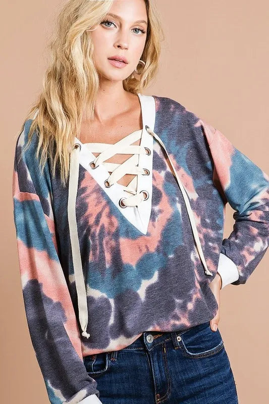 BiBi Tie Dye Deep V-Neck Top with lace-up front by Trendsi, featuring vibrant tie-dye pattern and stylish deep V neckline.
