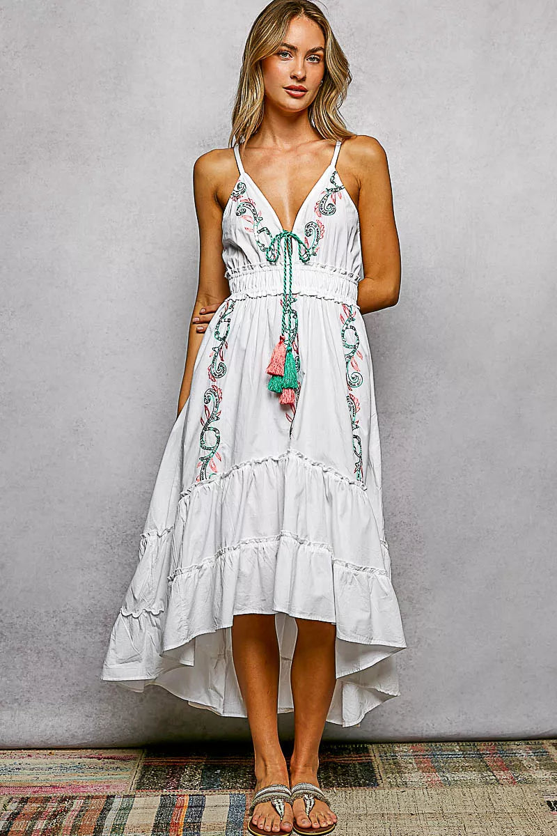 Trendsi POL embroidered detail tassel tie smocked waist midi tiered cami dress displayed on a model.