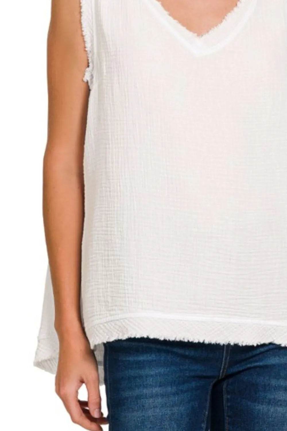 Zenana double gauze raw edge V-neck tank top in a soft fabric, displayed with its V-neck and raw edge details.
