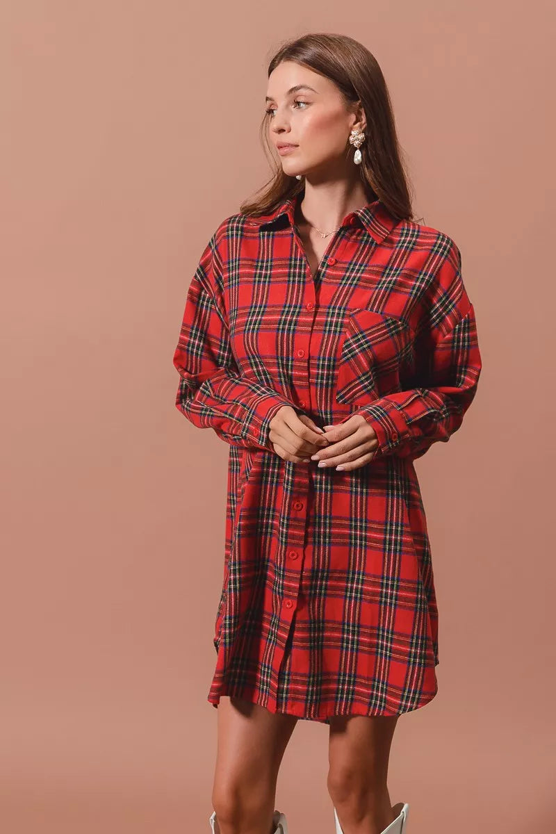 Red checker plaid button-up Christmas shirt dress, view 9