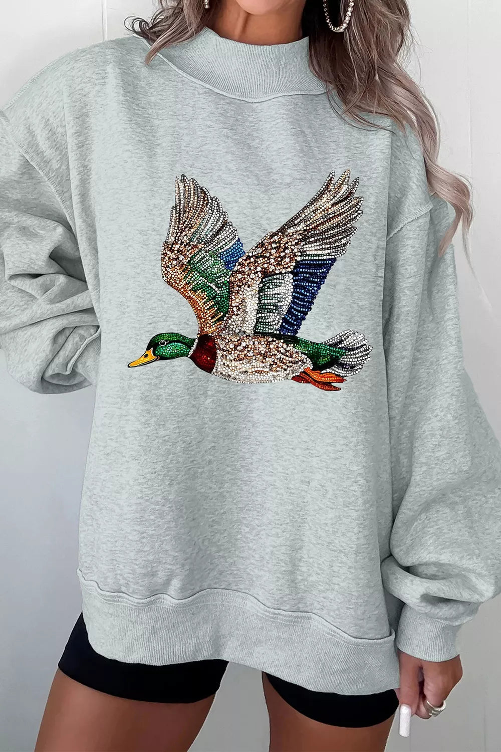 Gray oversized mock neck sweatshirt with western mallard duck print
