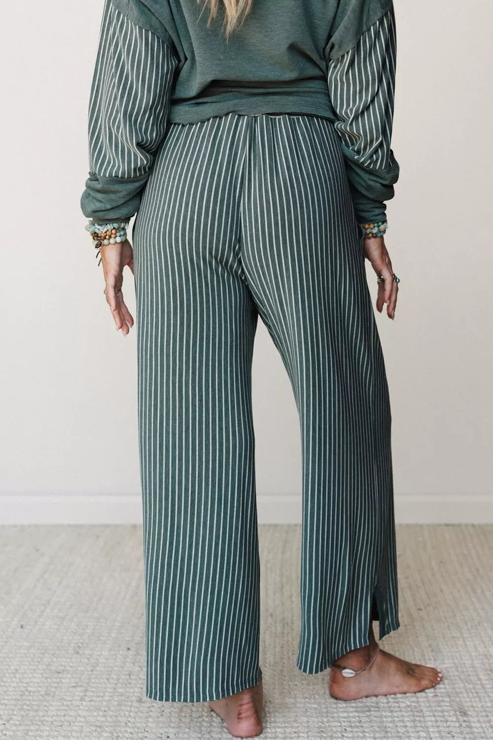 Raw seam patchwork long sleeve top and casual pants 2-piece set with pockets, stylish and comfortable fashion by Trendsi.
