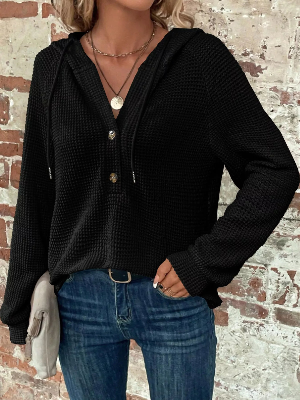 Plus size waffle knit half-button drawstring hoodie, view 27