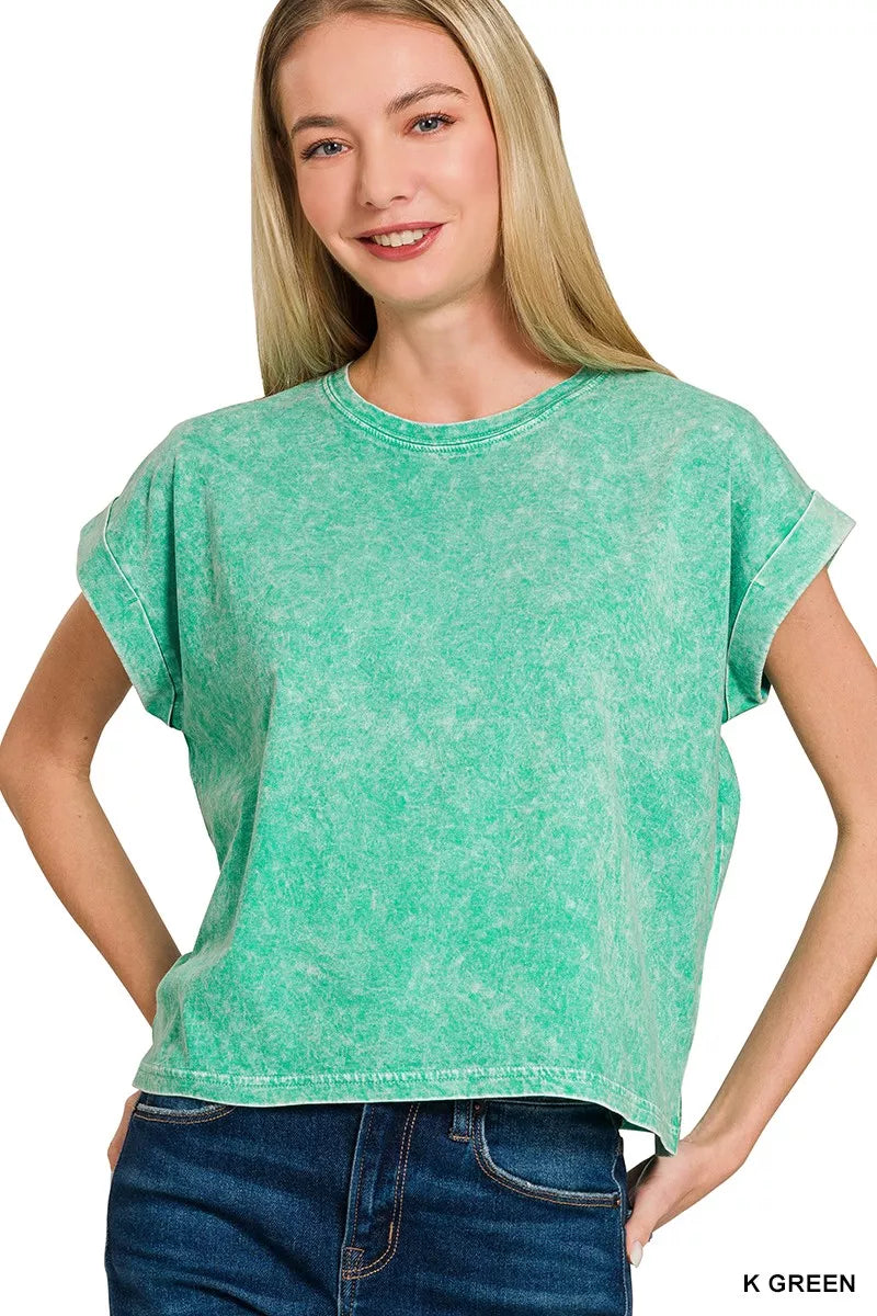 Zenana Halo washed cotton short sleeve cuffed top with a relaxed fit, displayed on a hanger against a white background.