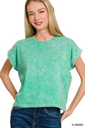 Zenana Halo washed cotton short sleeve cuffed top with a relaxed fit, displayed on a hanger against a white background.