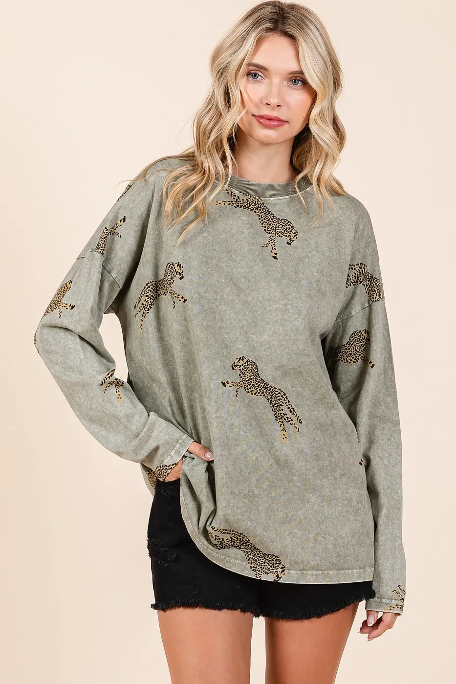 Trendsi Mittoshop mineral wash cheetah print long sleeve top with relaxed fit and stylish animal print design.