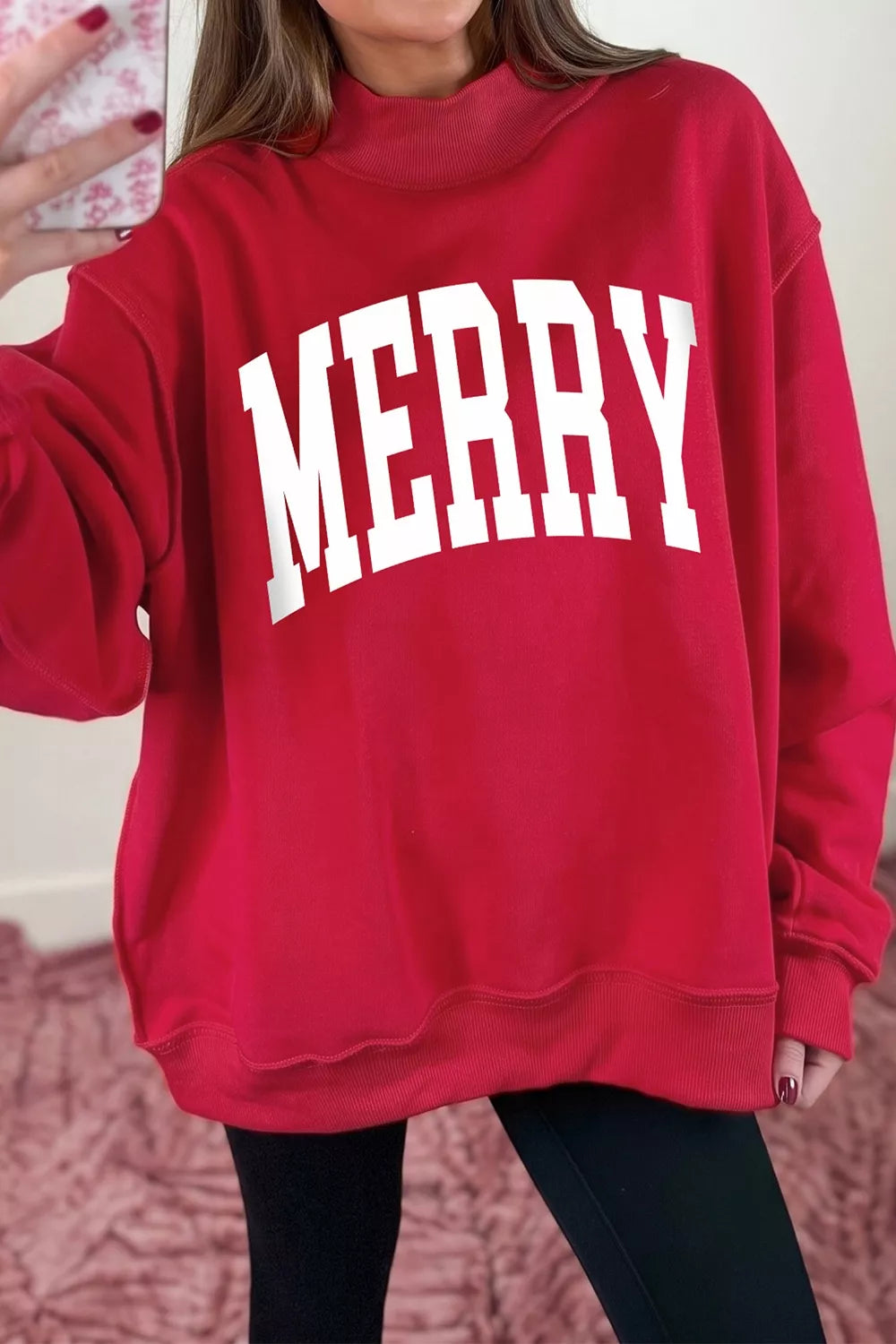 Deep red high neck tunic sweatshirt with MERRY slogan, view 3