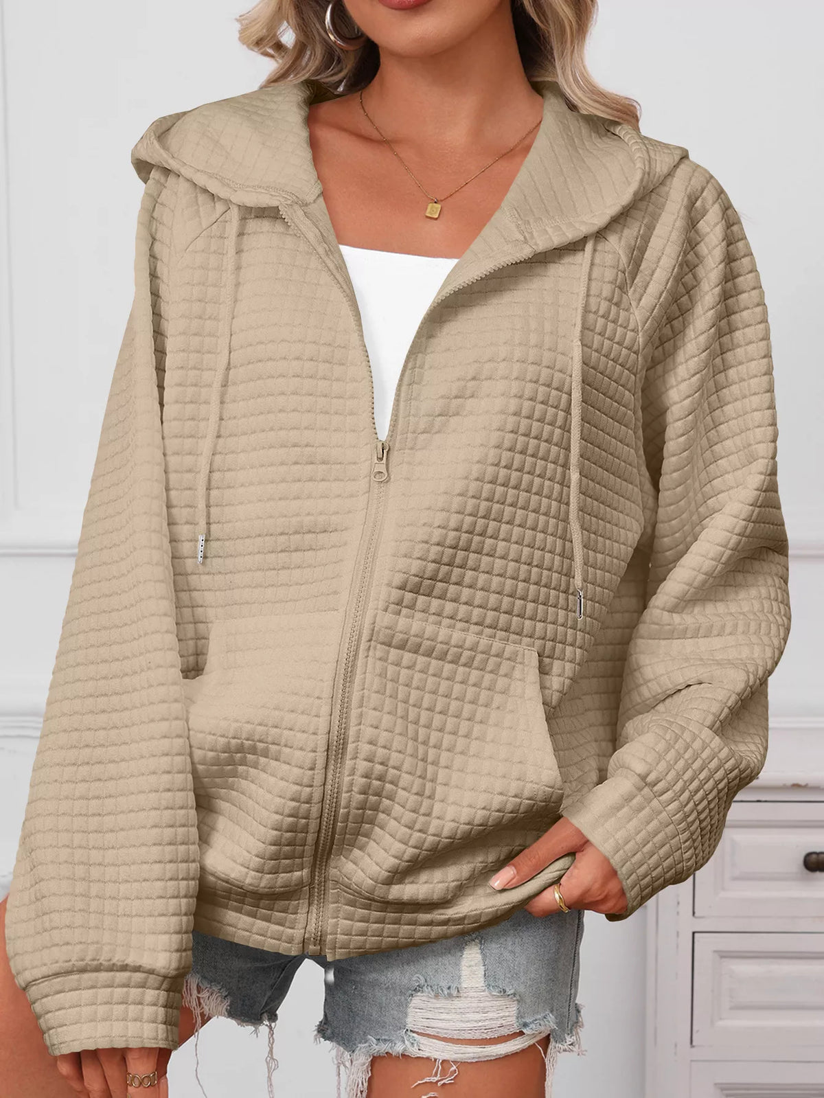 Plus size textured quilted zip-up hooded jacket, view 20