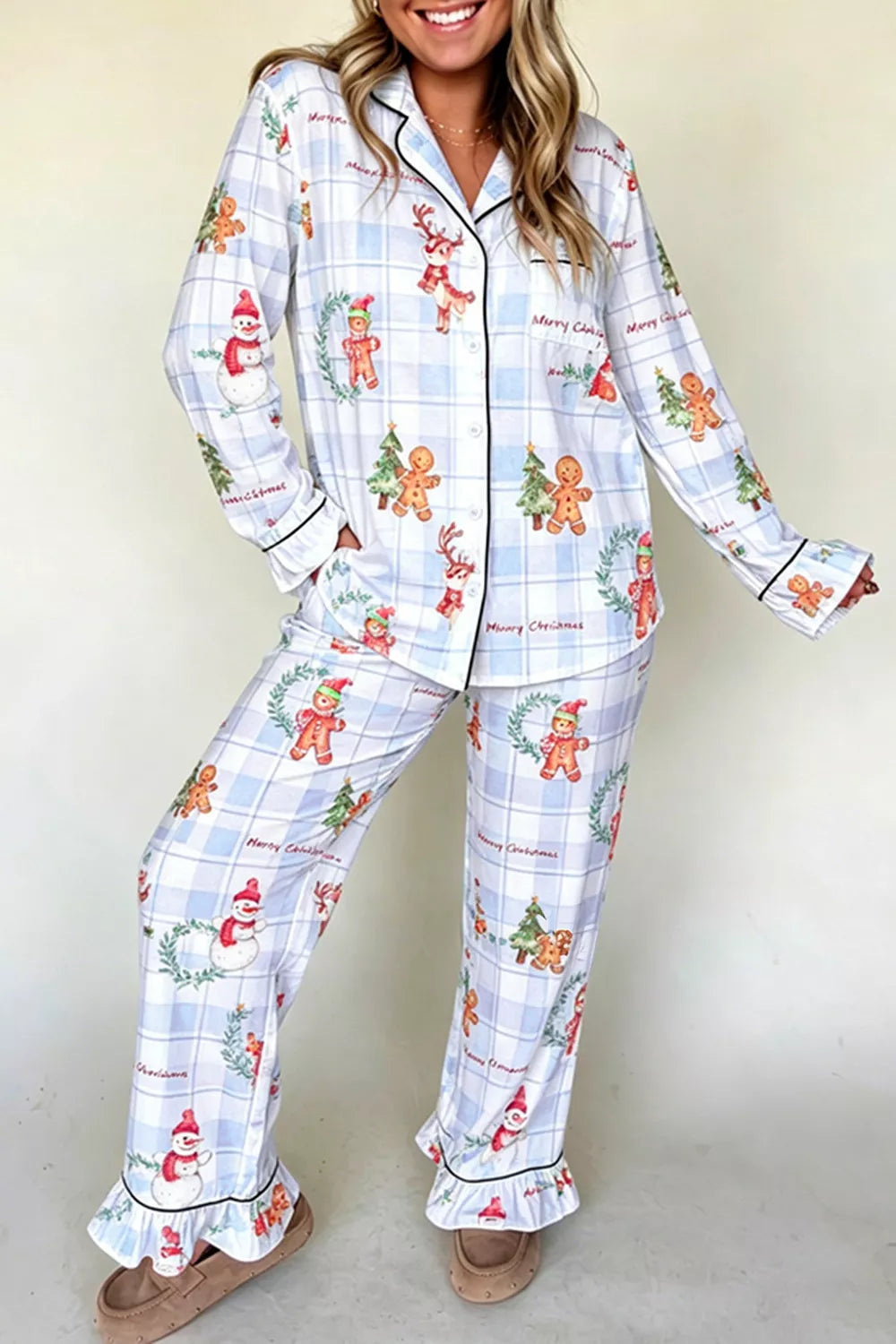 Light blue plaid cartoon Christmas pajama set with button-up top